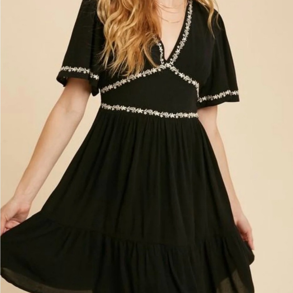 Blue Embroidered V-Neck Dress